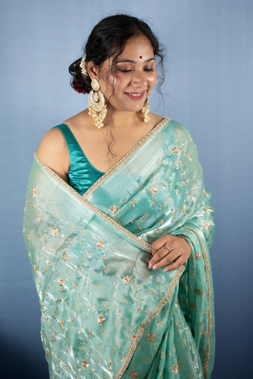 Akasha Kiran- (Tiffany Blue Organza with Zari Embroidery) - MESCHE