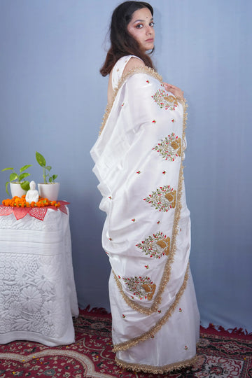 Shuddha Bodhi- (White Jimmy Organza with Diamond & Resham Buddha Embroidery) - MESCHE