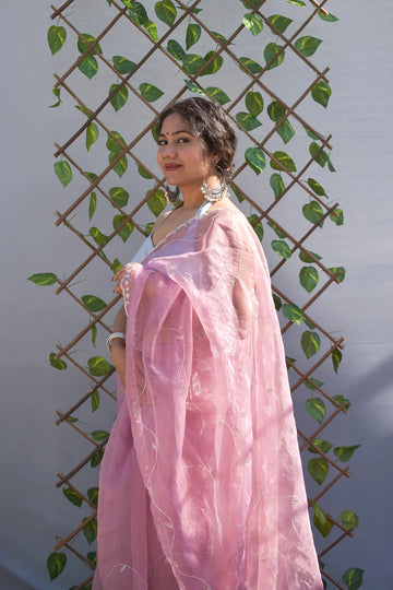 Pink Sakhi- Organza pink embroidery saree (Kundan Work) - MESCHE