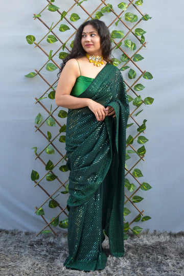 Nawabi kali-Georgette Dark Green Sequin Work Saree - MESCHE