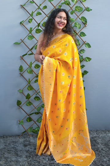 Basanti-Yellow Banarasi Embroidery Silk Saree - MESCHE