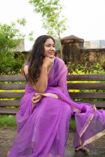 Lavender Lahar-Soft Lavender Organza with Golden Kiran Border - MESCHE