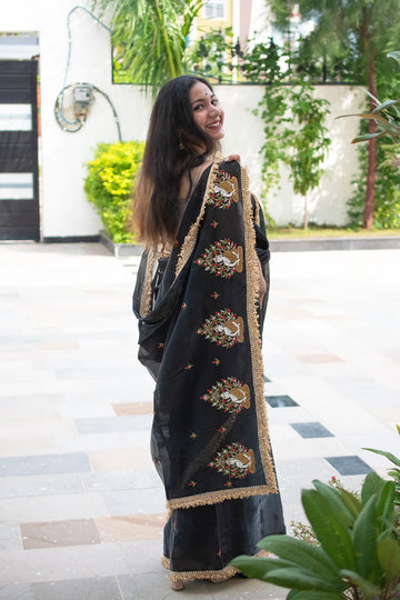 Bodhi Tara- Black Jimmy Organza with Diamond & Resham Buddha Embroidery - MESCHE