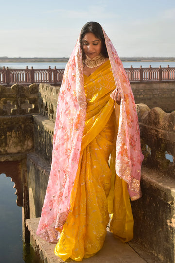 Amberi: The Radiant Yellow Organza Zari Saree - MESCHE