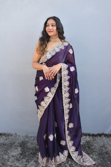 Nooreen - Jimmy Organza Purple Embroidery Saree - MESCHE