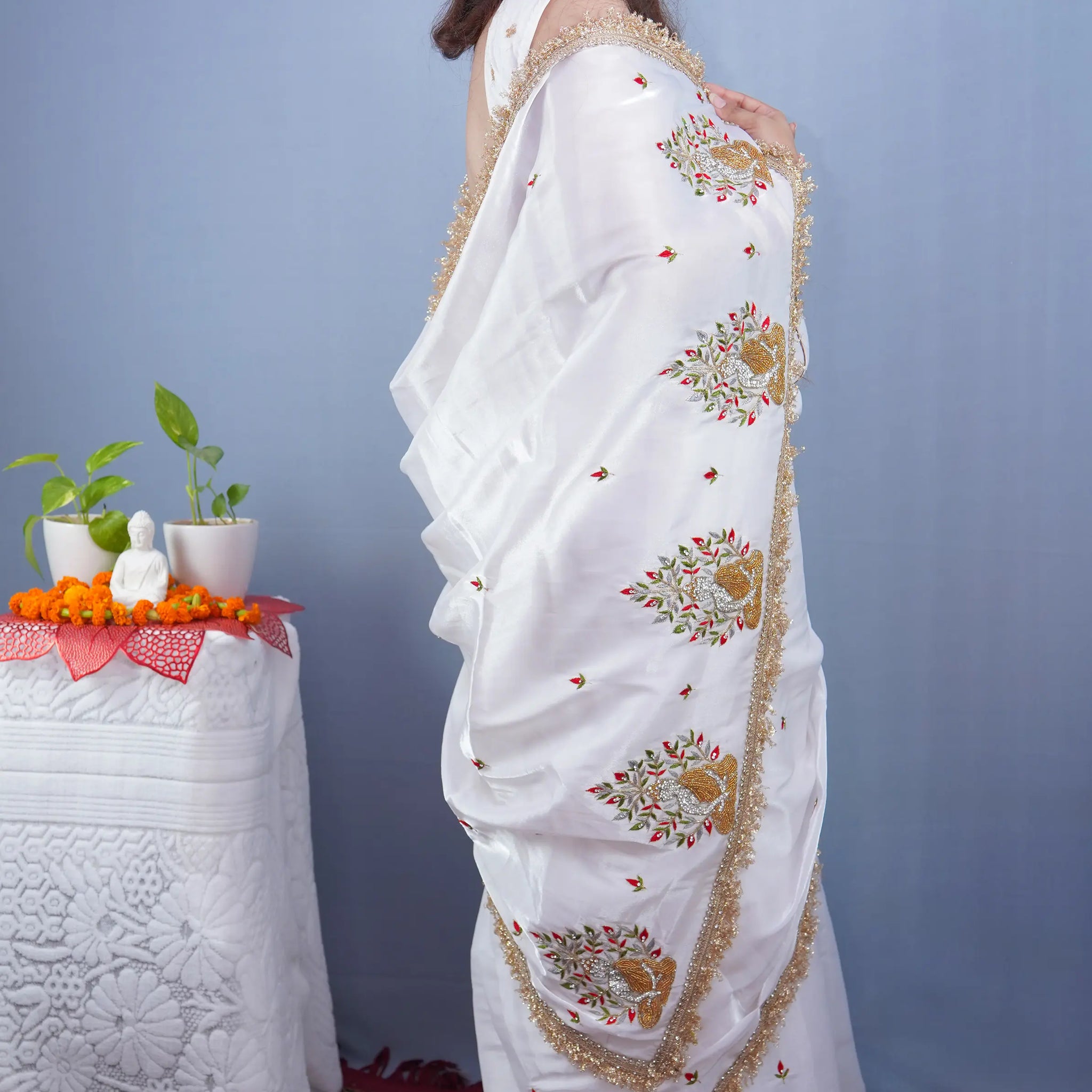 Shuddha Bodhi- (White Jimmy Organza with Diamond & Resham Buddha Embroidery) - MESCHE