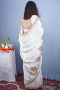 Shuddha Bodhi- (White Jimmy Organza with Diamond & Resham Buddha Embroidery) - MESCHE
