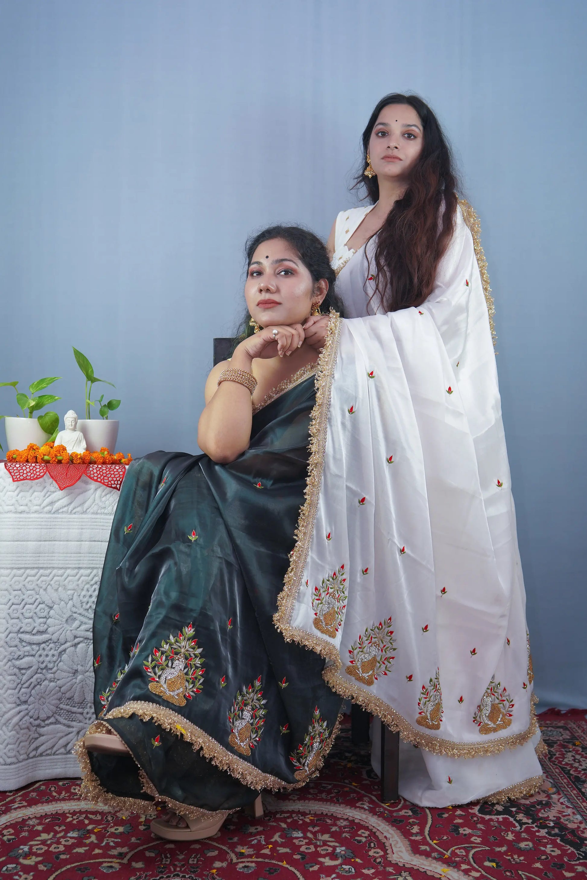 Shuddha Bodhi- (White Jimmy Organza with Diamond & Resham Buddha Embroidery) - MESCHE