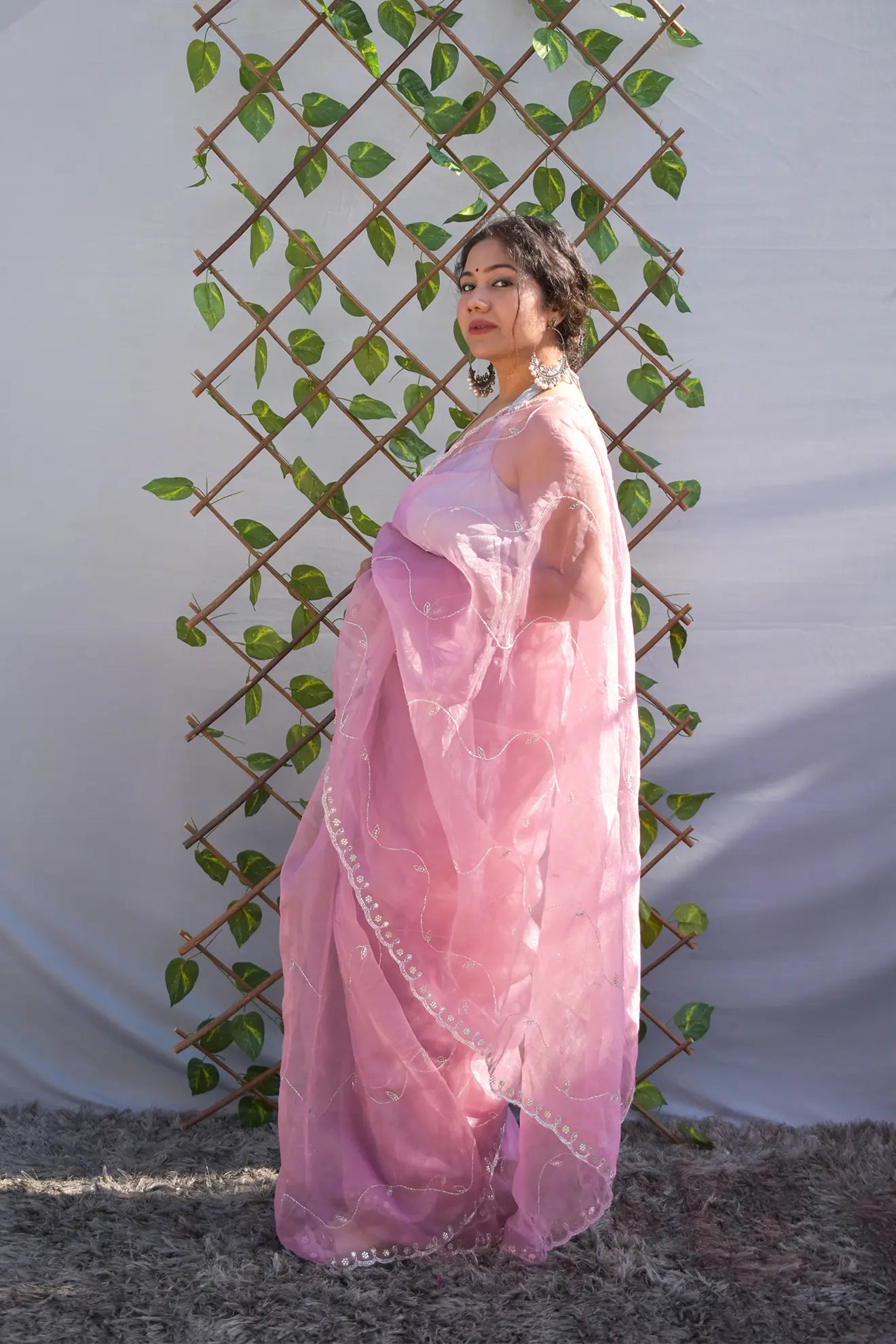 Pink Sakhi- Organza pink embroidery saree (Kundan Work) - MESCHE