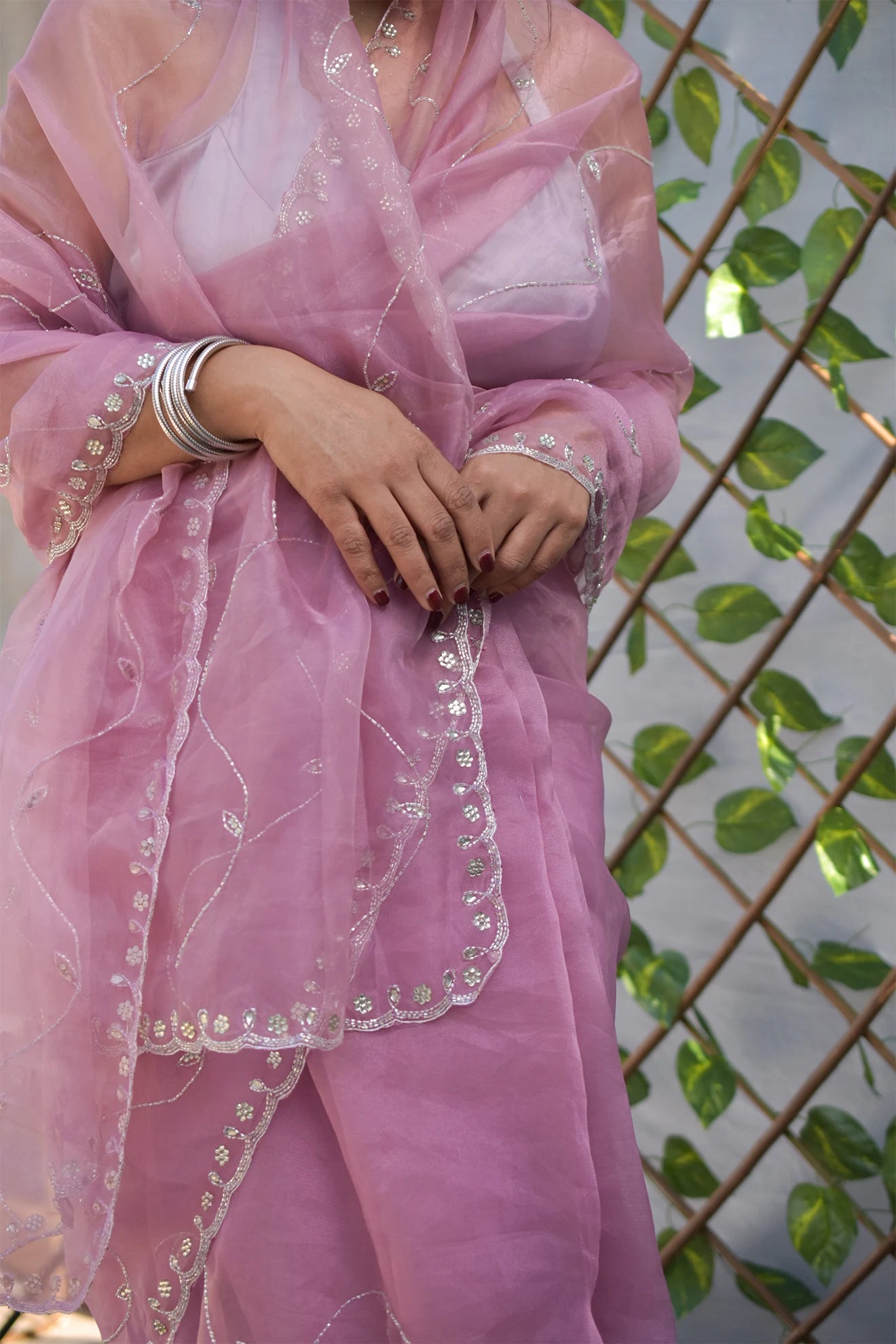 Pink Sakhi- Organza pink embroidery saree (Kundan Work) - MESCHE