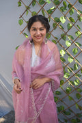 Pink Sakhi- Organza pink embroidery saree (Kundan Work) - MESCHE
