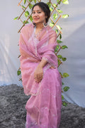 Pink Sakhi- Organza pink embroidery saree (Kundan Work) - MESCHE