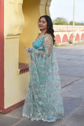 Skyward- Super net Floral embroidery Blue Saree - MESCHE