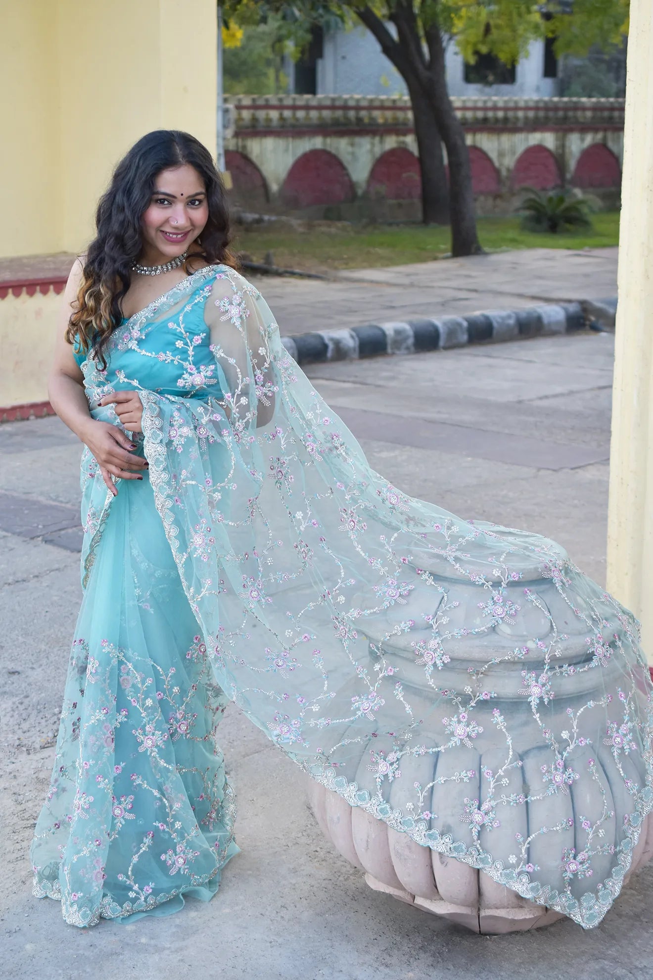Skyward- Super net Floral embroidery Blue Saree - MESCHE