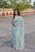 Skyward- Super net Floral embroidery Blue Saree - MESCHE