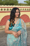Skyward- Super net Floral embroidery Blue Saree - MESCHE
