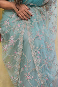 Skyward- Super net Floral embroidery Blue Saree - MESCHE