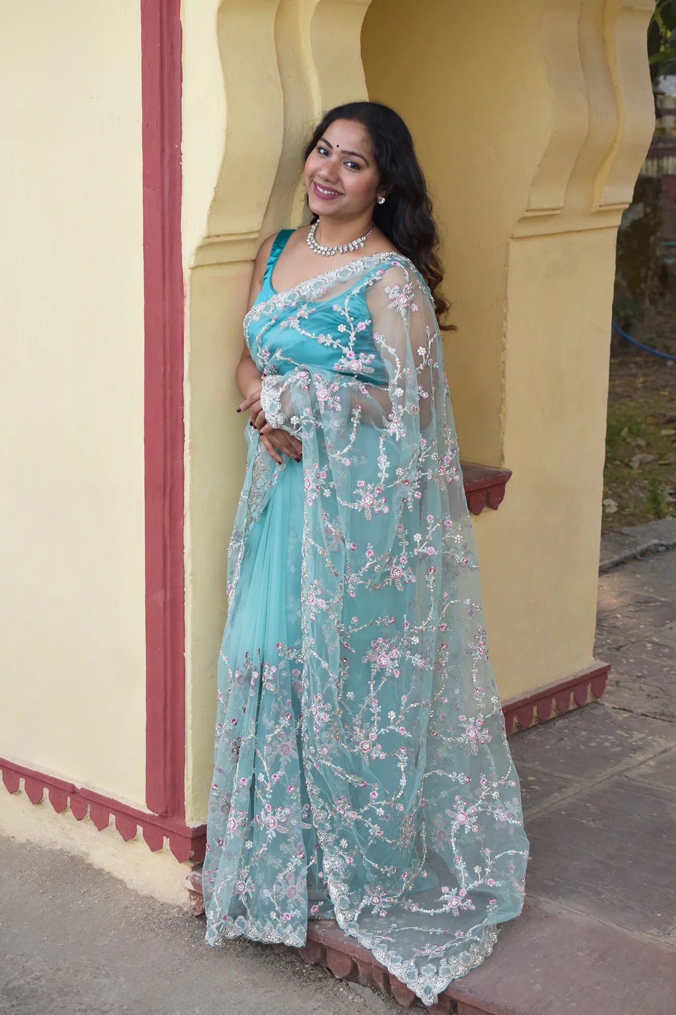 Skyward- Super net Floral embroidery Blue Saree - MESCHE