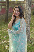 Skyward- Super net Floral embroidery Blue Saree - MESCHE