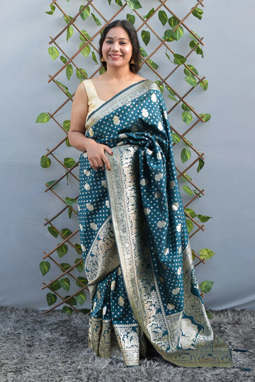 Aaradhya- Deep Teal Banarasi Silk Saree - MESCHE