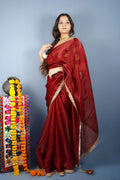 Agni Rani-(Crimson Jimmy Organza Saree with Golden Lace Border) - MESCHE