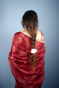 Agni Rani-(Crimson Jimmy Organza Saree with Golden Lace Border) - MESCHE