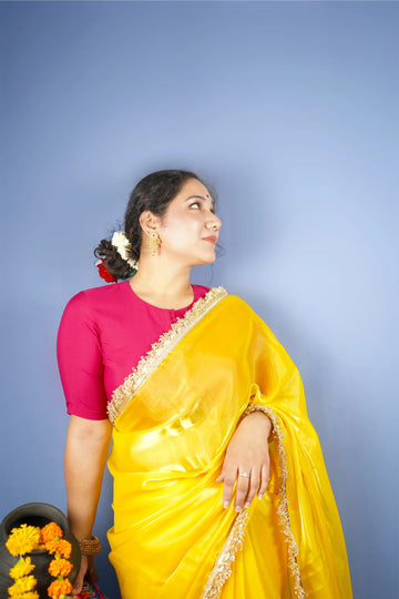 KANTI (Yellow Jimmy Organza Saree with Crush Fringes lace) - MESCHE