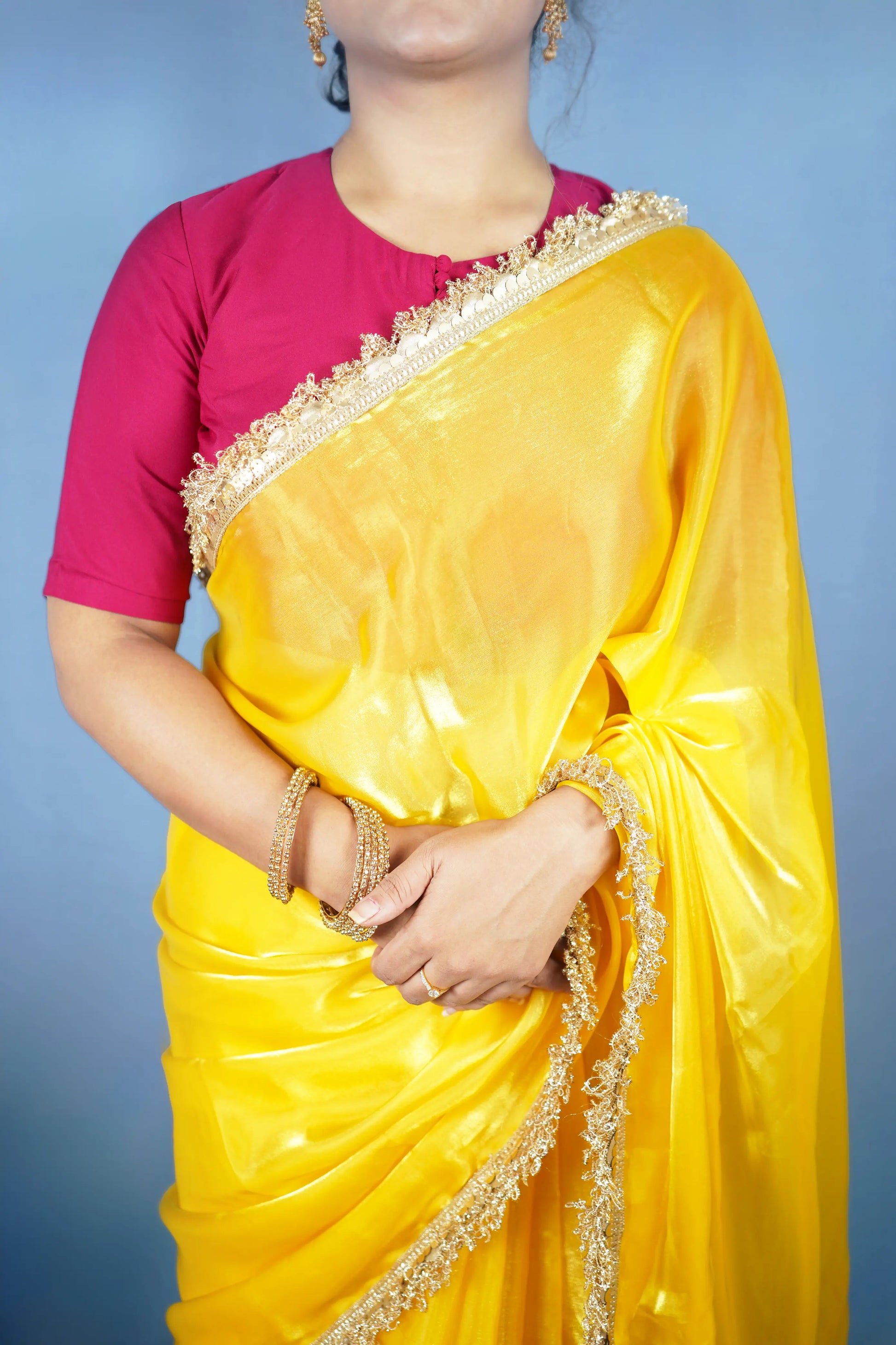 KANTI (Yellow Jimmy Organza Saree with Crush Fringes lace) - MESCHE