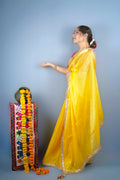 KANTI (Yellow Jimmy Organza Saree with Crush Fringes lace) - MESCHE