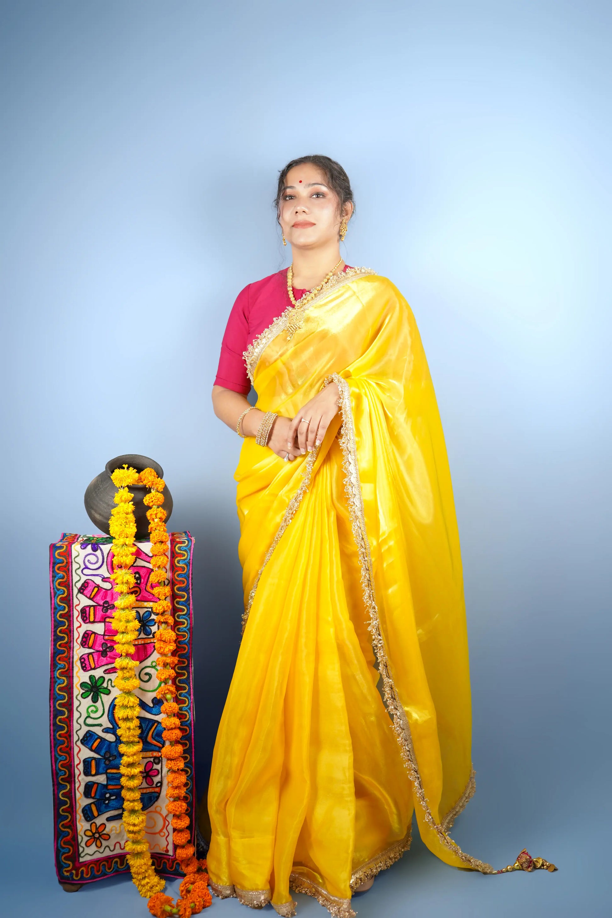 KANTI (Yellow Jimmy Organza Saree with Crush Fringes lace) - MESCHE
